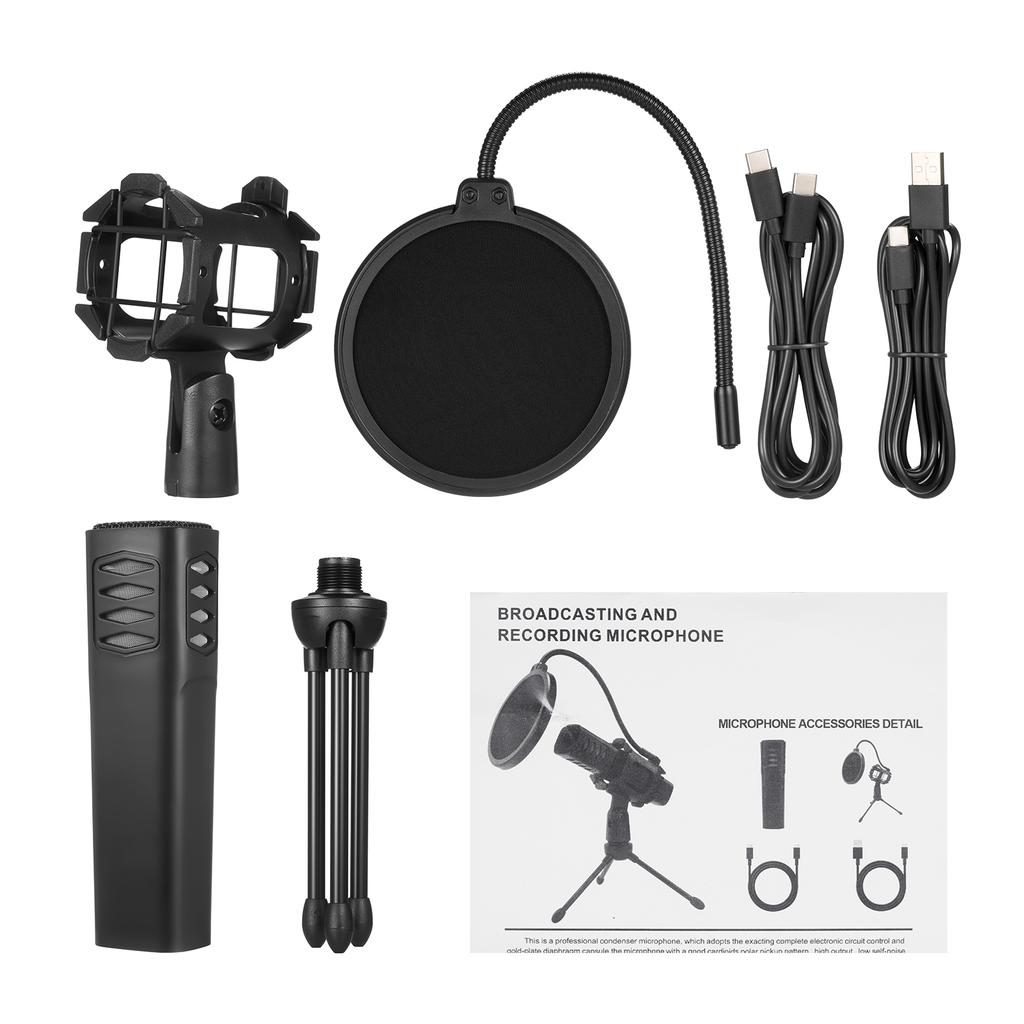 USB-микрофон, кардиоидный конденсаторный микрофон со штативом, поп-фильтр, подвесное крепление для потоковой передачи игр