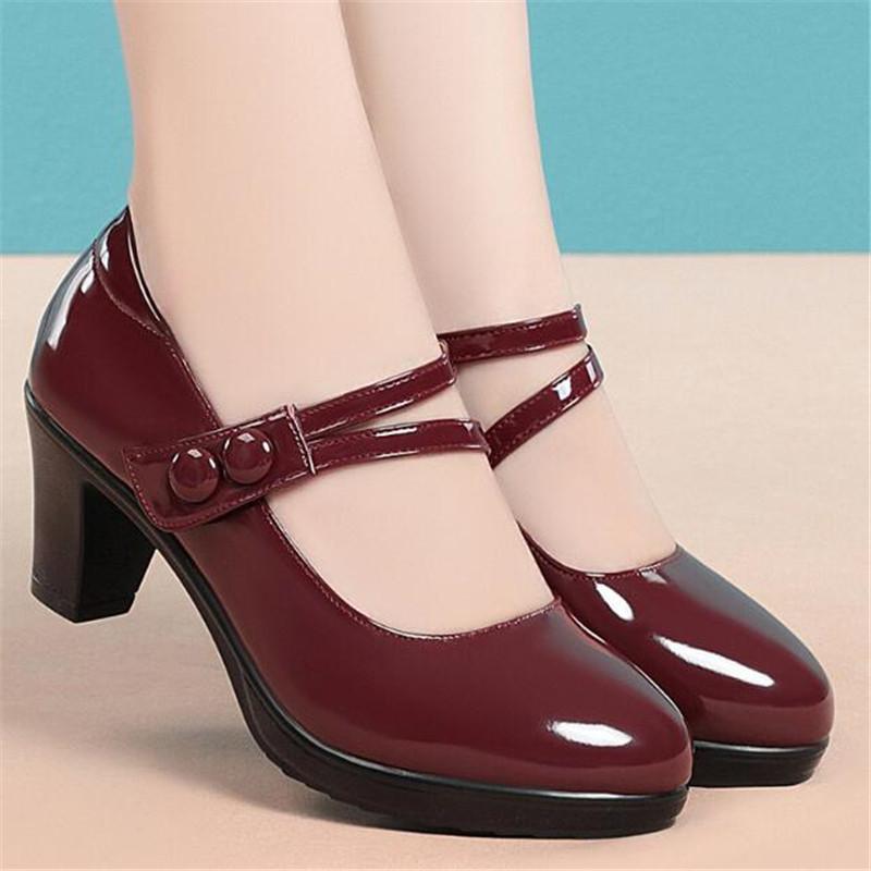 Soft Leather High Heels Luxury Chunky Heel Women Single Shoes Black Ankle Strap Work Office Ladies Shoes Pumps Comfort Mom Shoes