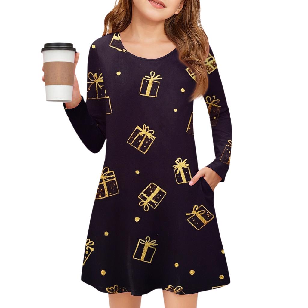 Christmas Day Girls' Long Sleeve Dress - Color Pocket Dress
