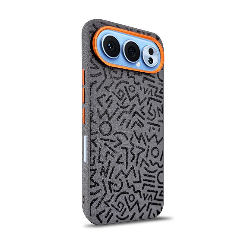 Plain Leather Graffiti Painting Case for Honor 500 Pro, Huawei Magic 8 Pro 7 RSR Magnetic Wireless Charging Metal Lens Cover