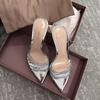 Summer New Open-toed Pointed Rhinestone Transparent PVC Patent Leather One-word Drag Female Sexy Outer Wear Stiletto High-heeled Slippers