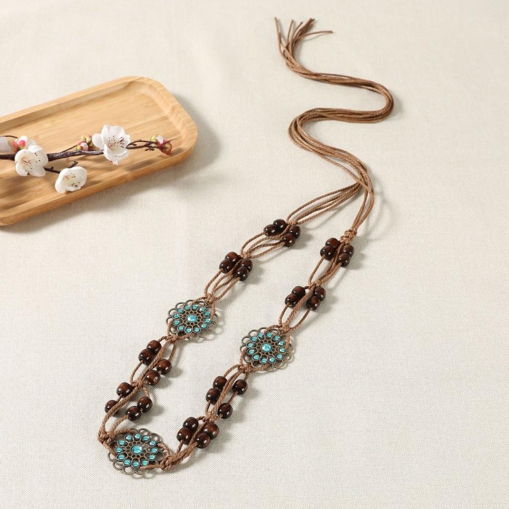 National Style Butterfly Women Belt Aesthetic Waist Chain Hemp Rope Braided Big Beads Dress Plait Belt Casual Thin Belt for Dress