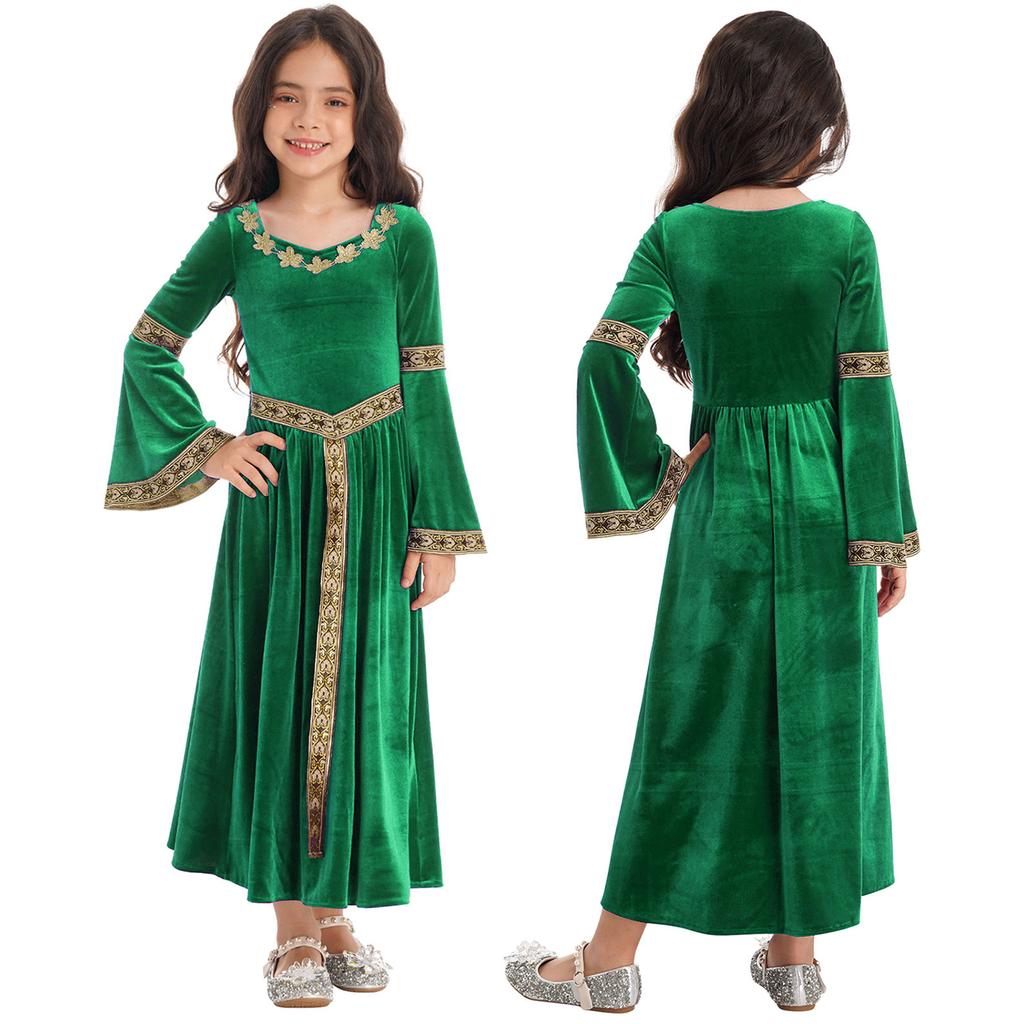 Kids Girls Stylish Medieval Princess Long Flare Sleeve Vintage Pattern Dress