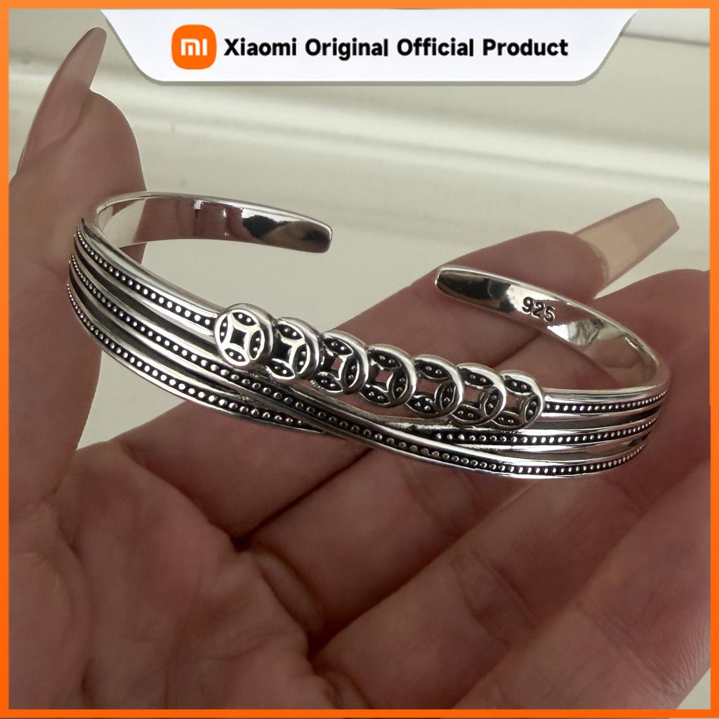 Xiaomi 100% Solid 925 Sterling Silver Retro Bracelet for Women Men Vintage Handmade Wide Hollow Shape Simple Bracelet Birthday Gift