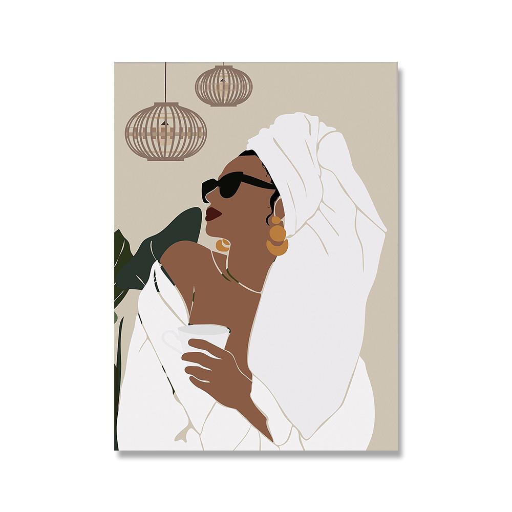 African Woman Art Prints Boho Abstract Fashion Afro Black Girl Bathing Posters Tropical Plants Jungle Lady Canvas Painting Decor No Frame
