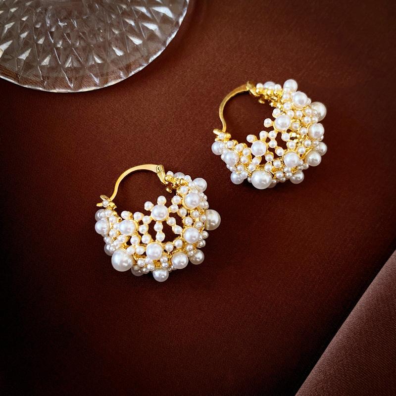 Французские ретро премиум серьги-гвоздики с имитацией жемчуга, покрытие из настоящего золота, легкая роскошь, нишевые геометрические серьги