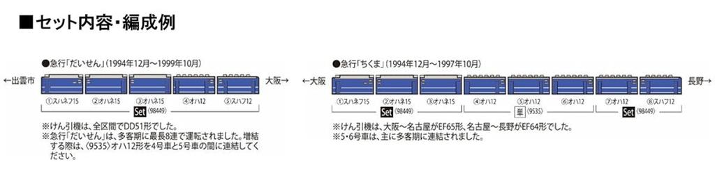 TOMIX N Gauge JR 12 3000 Series 15 Type Daisen Chikuma Set 98449 Железнодорожная модель пассажирского вагона Series/14