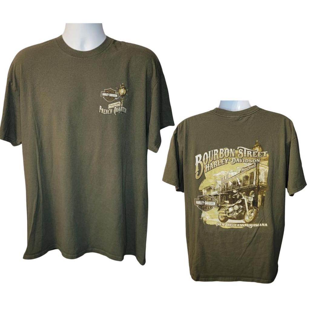 Harley Davidson Vintage Tee, French Quarter Bourbon Street, New Orleans Louisiana, Army Green, Back Print, Men's Size XL