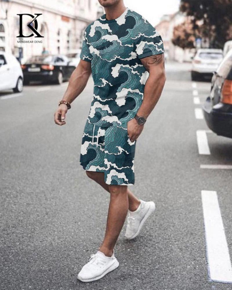 Летний мужской комплект футболок, черно-белый сетчатый 3D-принт, одежда большого размера, трендовый мужской спортивный костюм, футболка для фитнеса, шорты, комплект одежды