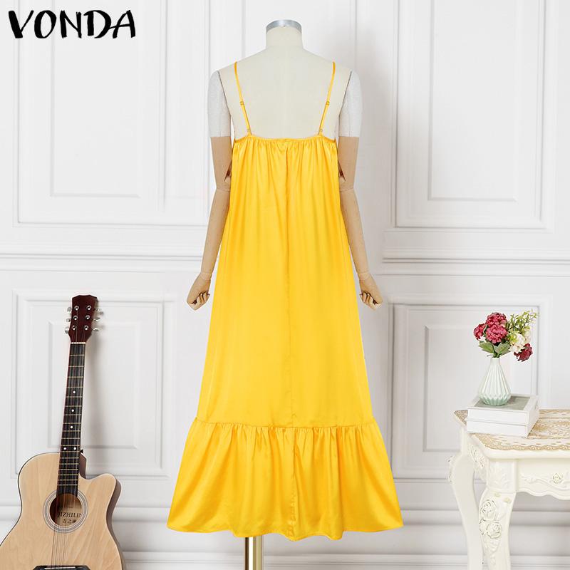 VONDA Летнее женское безрукавное бретелька однотонное атласное повседневное пляжное свободное макси-плиссированное платье