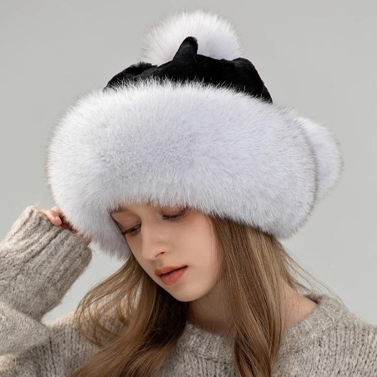 Шапка из лисьего меха Женская Зимняя Теплая Защита ушей Шапка принцессы Милая меховая шапка Утолщенная Цельнокожаная Кроличий мех Рекс Лыжная шапка
