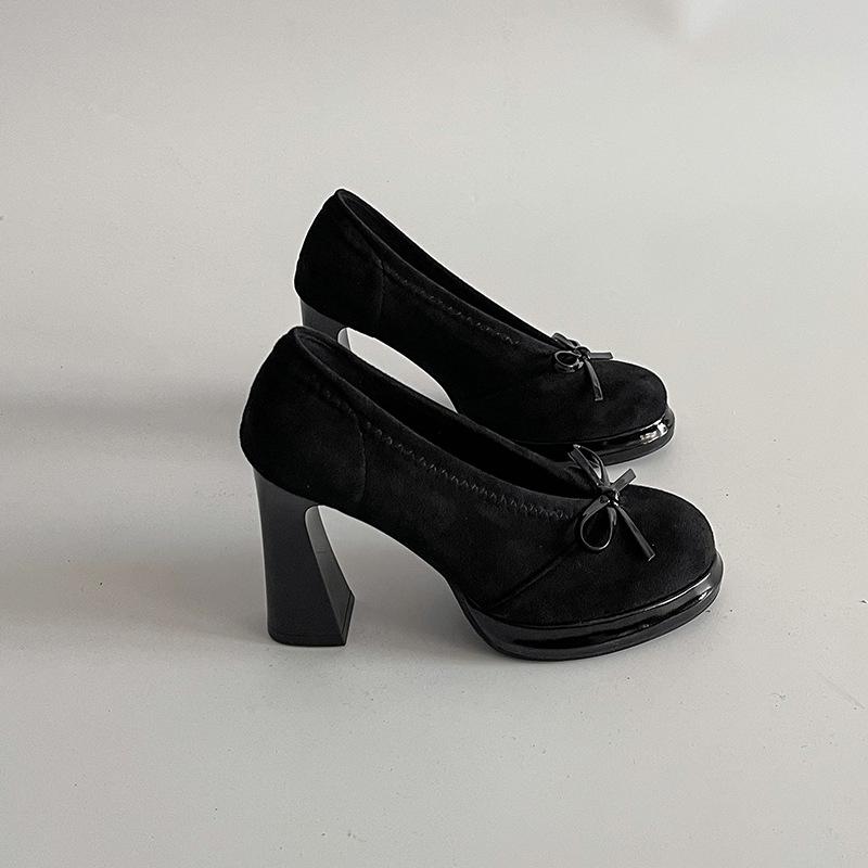Французские ретро туфли на толстом каблуке с бантом, супер высокие каблуки, летний темперамент, замшевые, модные, с круглым носком, женские туфли Мэри Джейн