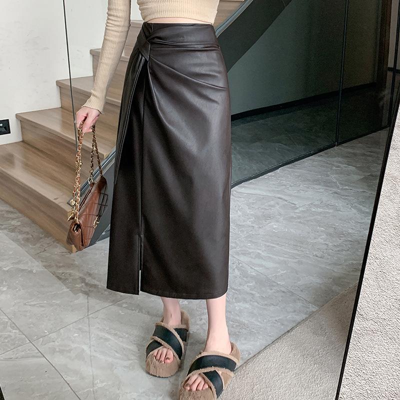 Корейский стиль Высокая талия Узкая юбка А-силуэта Женская разрез средней длины Прямая юбка из искусственной кожи с разрезом