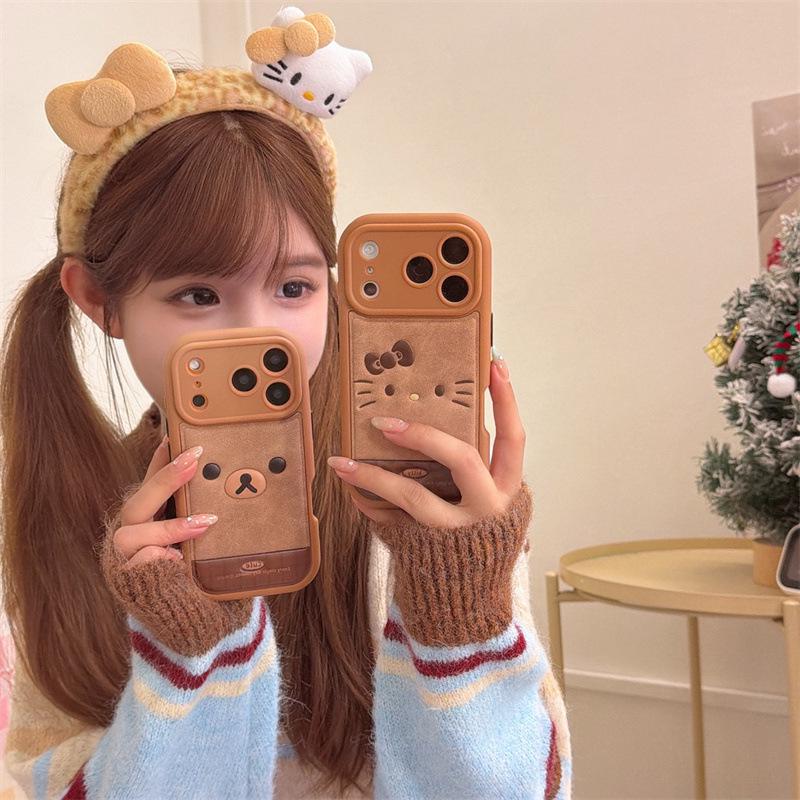 Мультяшный чехол для iPhone 14 Pro Max с текстурой кожи Rilakkuma Cat - Противоударный чехол