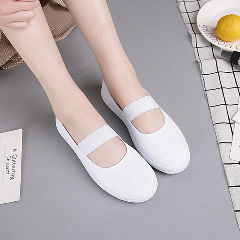 Женские балетки Белые парусиновые туфли Повседневная обувь на резинке Удобные кроссовки Нескользящая мягкая подошва Танцевальная обувь