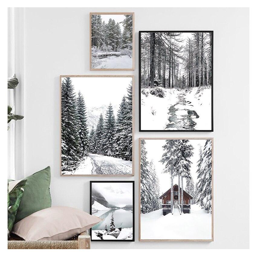 Лесной Олень Кедр Зима Снег Лес Настенное Искусство Холст Живопись Скандинавские Постеры и Настенные Картины Гостиная Дом Декор