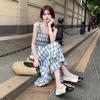 Sweet and Gentle Wind Plaid Suspender Dress Women's Summer New Vintage Sleeveless Waist Coffee Break Medium and Long-cut Dress