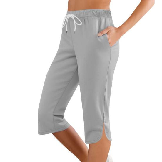 Women Cropped Pants Elastic Waist Adjustable Drawstring Solid Color Mid-calf Length Pants with Pockets Daily Wear