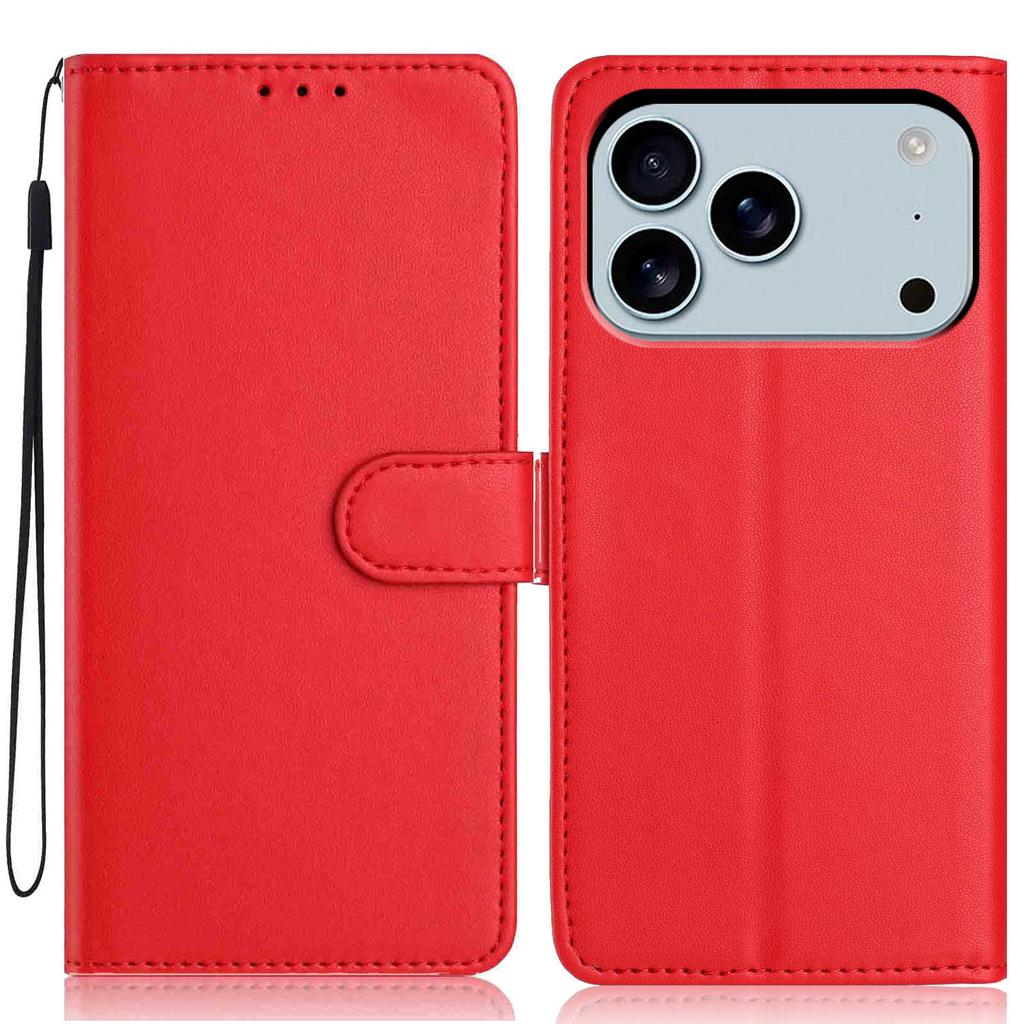 For iPhone 17 Pro Max Wallet Case with Strap/Multiple Card Slots Solid Color Leather Stand Phone Cover