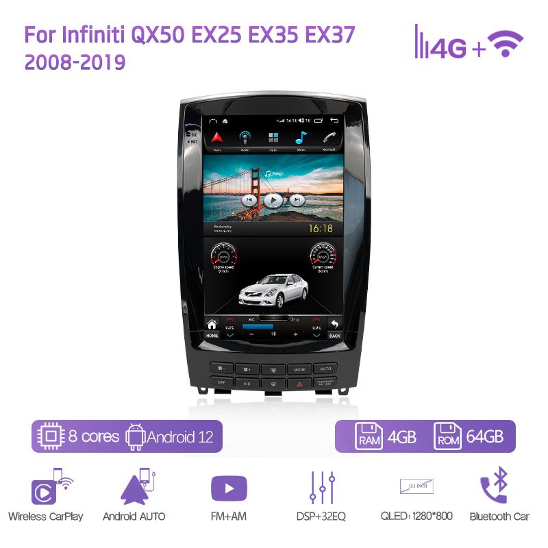 12.1 "Android12 Для Infiniti QX50 EX25 EX35 EX37 2008-2019 GPS Навигация 8 Ядер CarPlay 4G 360 Камера Автомобильный Мультимедийный Видеоплеер
