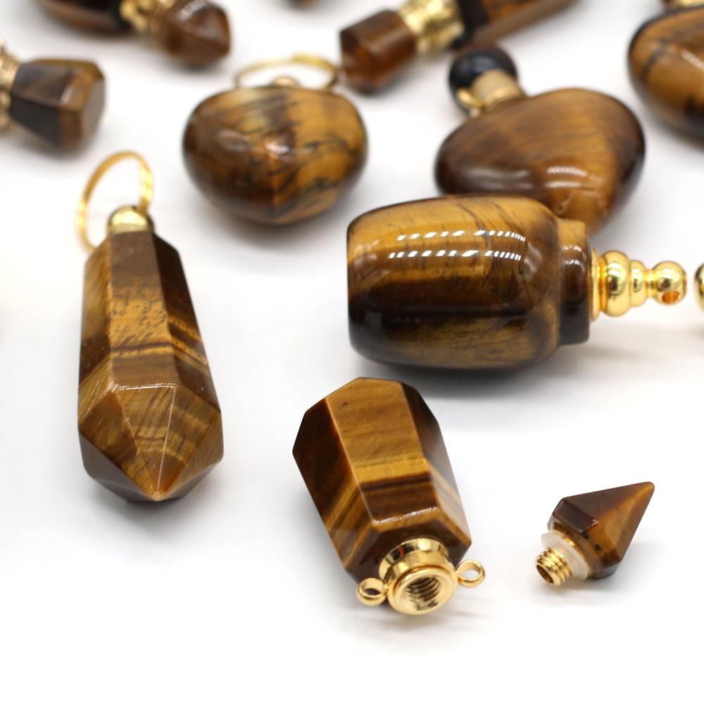 1Pc Small Natural Stone Perfume Bottle Pendants,Tiger Eye Stone Pendant Charms for Jewelry Making DIY Necklace Accessories Craft Gifts