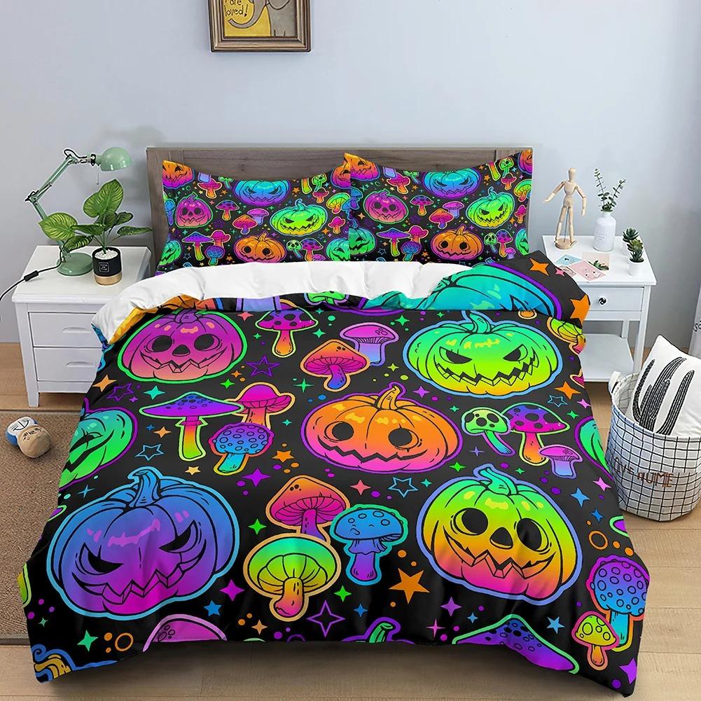 Неоновый цветной пододеяльник, комплект постельного белья King Rainbow Gradient Pumpkin, микрофибра, пододеяльник на Хэллоуин, двойной пододеяльник