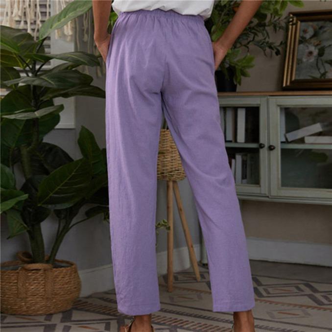 Fashion Women's Cotton Linen Pants Solid Color Pockets Elastic Waist Loose Casual Pants