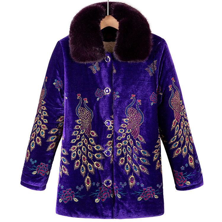 Winter Warm Fleece Lined Coat for Middle Aged Women Thickened Printed Cotton Clothes