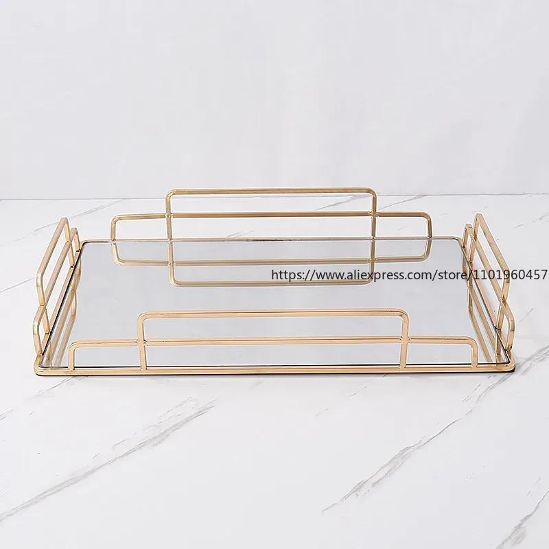 Золотой Штрих Стеклянное Зеркало Поднос для Скручивания Скандинавский Большой Прямоугольный Набор для Чая и Вина Подносы для Кофейного Столика Декоративный Органайзер Кухня