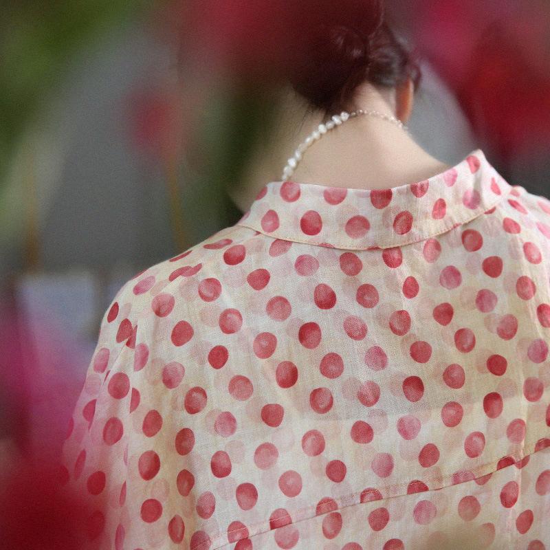 Летняя минималистичная хлопково-льняная блузка в горошек женская рубашка с рукавами 3/4 и волнистой точкой