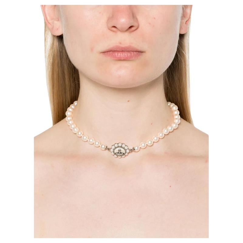 Vivienne Westwood Amaya Saturn Baroque Design Artificial Pearl Glass Brass Pearl Necklace Women's Silver 6301012U-02P103