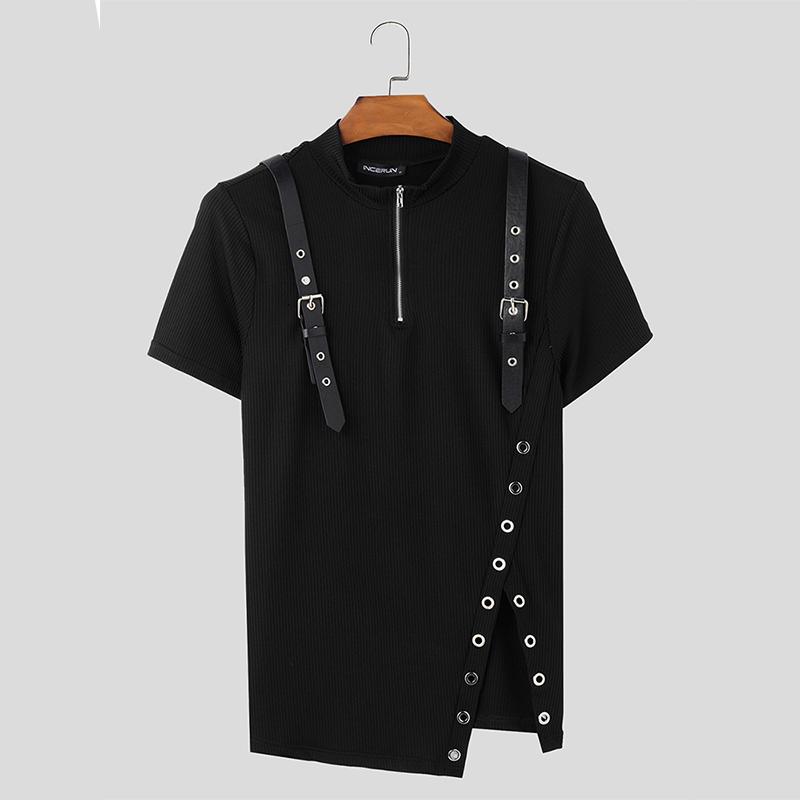 INCERUN Летние мужские повседневные нестандартные тонкие футболки с коротким рукавом на молнии