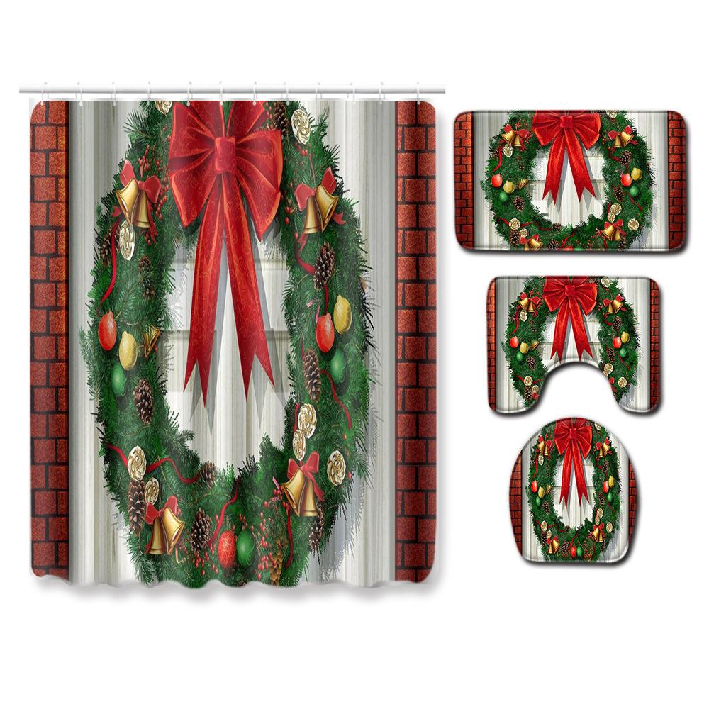Christmas Bathroom Shower Curtain Toilet Floor Mat Four-Piece Bathroom Non-Slip Door Mat Kitchen Bedroom Absorbent Carpet
