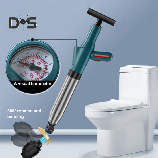 Toilet Plunger Air Pressure Indicator Stainless Steel Drain Clog Remover Tool with 4 Dredge Heads High-Pressure Air Plunger