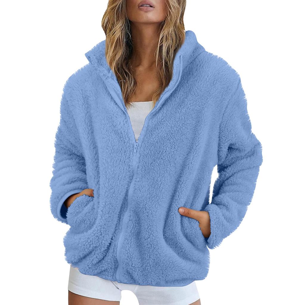 Women's Solid Color Fashionable Winter Loose High Neck Long Fleece Plush Warm Zipper Jacket