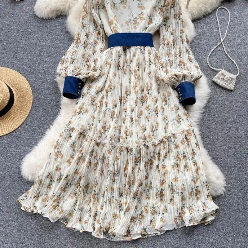 Autumn Lace Vintage Fairy Dress Women Patchwork Elegant Party Midi Dress Female Bow Korean Fashion One Piece Floral Dress 2024
