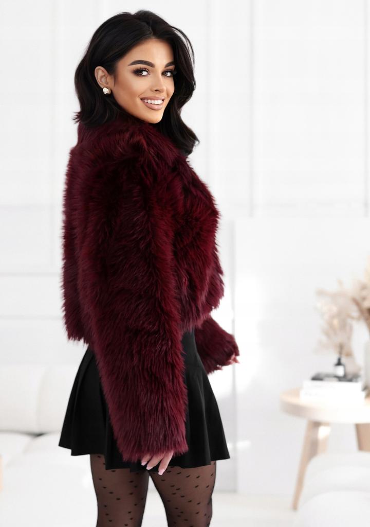 Women' Fur Jacket Short Fur Coat With Collar Burgundy Uni
