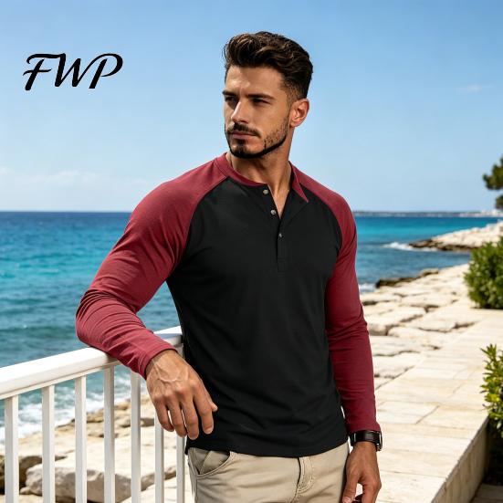 Mens Slim Fit Shirts Men Raglan Shirt, Color Block Long Sleeve T-Shirt, Button Neck Casual Tops Vintage Basic Tee Top for Gym Street Daily Wear