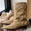Fashion 2025 Winter New Suede Ankle Boots Women Fashion Retro Pointed Toe Belt Buckle Design Wedge Cowboy Boots Botines Para Mujeres