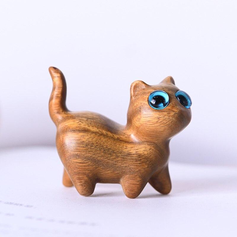 Kawaii Cat Miniature Figurines Handmade Sandalwood Carving Kitty Sculpture Desk Ornaments Fairy Garden Room Decor Birthday Gift