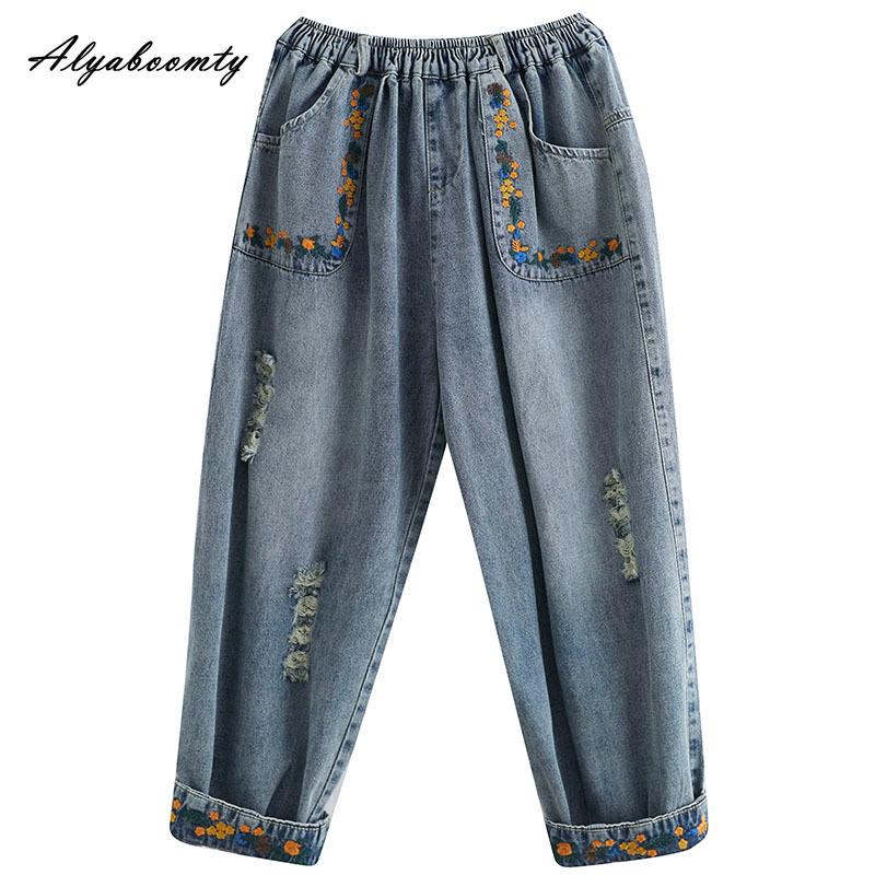 Корейский стиль, весна-осень, женские джинсы больших размеров с высокой талией, рваные дыры, повседневные свободные джинсы, винтажные карманы с цветочной вышивкой, джинсовые брюки
