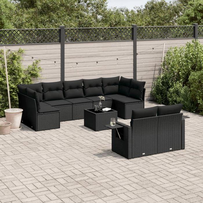 VidaXL Salon de Jardin avec Coussins 10 pcs, Canapés de Terrasse, Ensemble de Meubles de Patio, Mobilier d'Extérieur, Noir 3220624