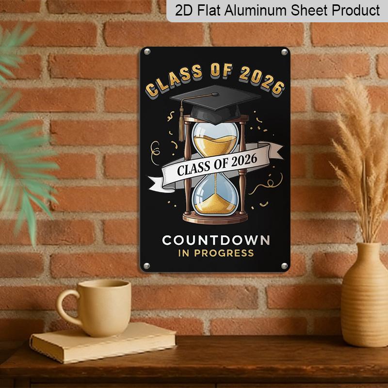 2D Flat, 1pc "Class of 2026 Countdown in Progress" Aluminium Sign - 8"x12" Gold & Black Graduation Decor, Hourglass & Grad Cap Wall Art, Perfect for
