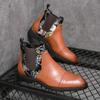 Retro Fashion Embroidered Brown Chelsea Boots Men Luxury Pointed Toe Men's Leather Boots Large Size 46 Slip-on Ankle Boots Men