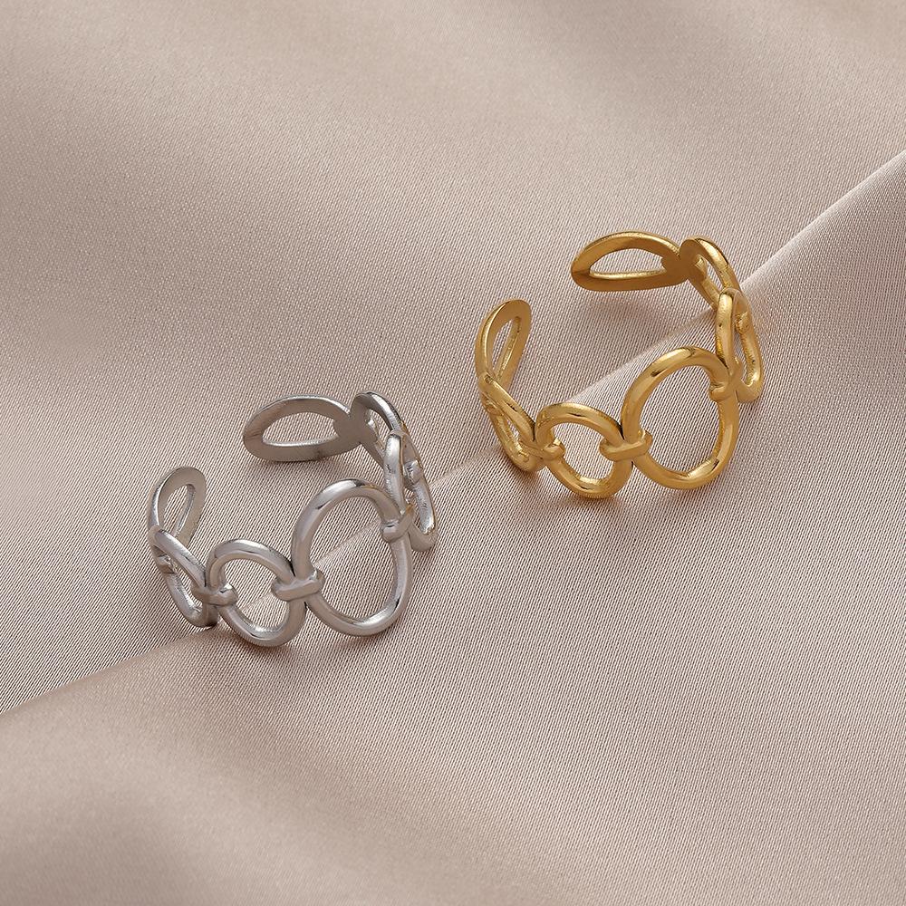 DIEYURO 316L Stainless Steel Fshion Multi-ellipse Stitching Fashion Hollow Women Open Gold Ring Adjustable Friends Party