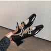 Sheepskin Version~ Square Head Leather Rhinestone Shoes with Shallow Mouth Single Shoes Women's Thick Heel French Retro Mary Jane Shoes