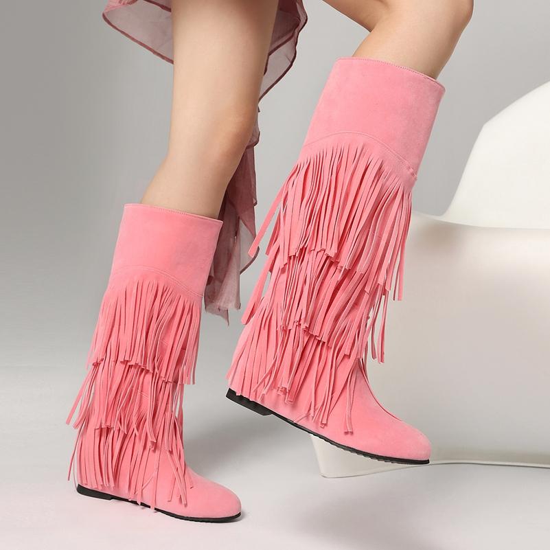 FOREADA Women Knee High Boots Round Toe Height Increasing High Heels Tassel Long Boots Ladies Fashion Shoes Winter Pink 46