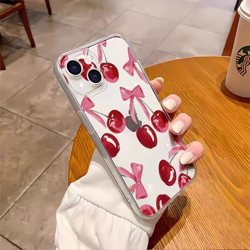 Простой чехол для мобильного телефона с вишневым бантом подходит для iPhone 16/15 Pro, легкий и тонкий, прозрачный мягкий чехол Apple 17, 14 Pro Max.