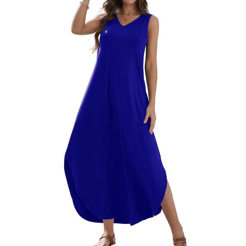 Women's 2024 Summer Casual Loose Sundress Long Dress Solid Color Sleeveless V Neck Split Tshirt Maxi Dresses