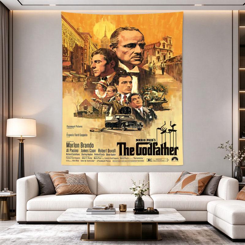 The Godfather: Warm illustrated portrait of Don Corleone over a 1940s New York street, gangster film poster in gold and brown, Wall Tapestry